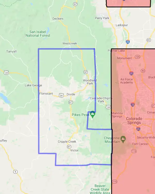 County level USDA loan eligibility boundaries for Teller, CO
