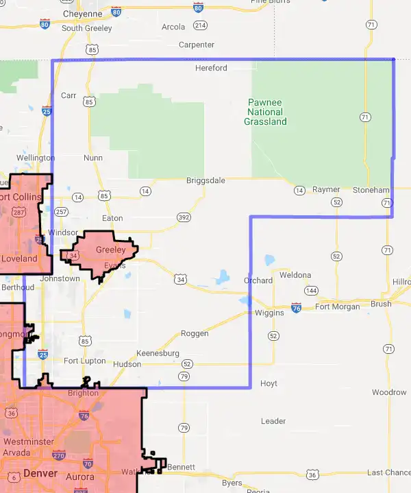 County level USDA loan eligibility boundaries for Weld, Colorado