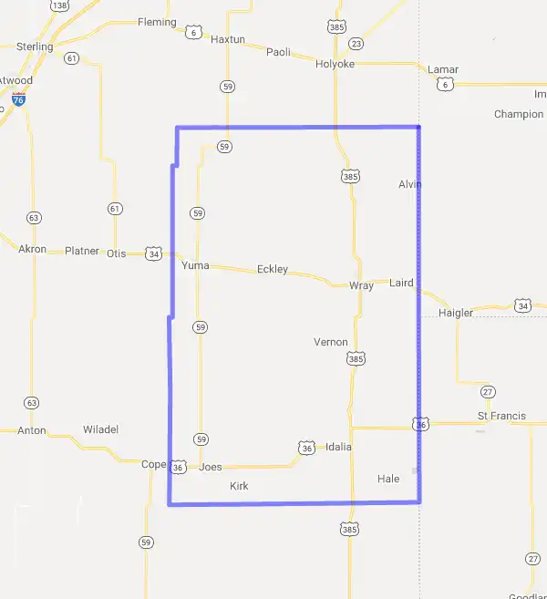 County level USDA loan eligibility boundaries for Yuma, Colorado
