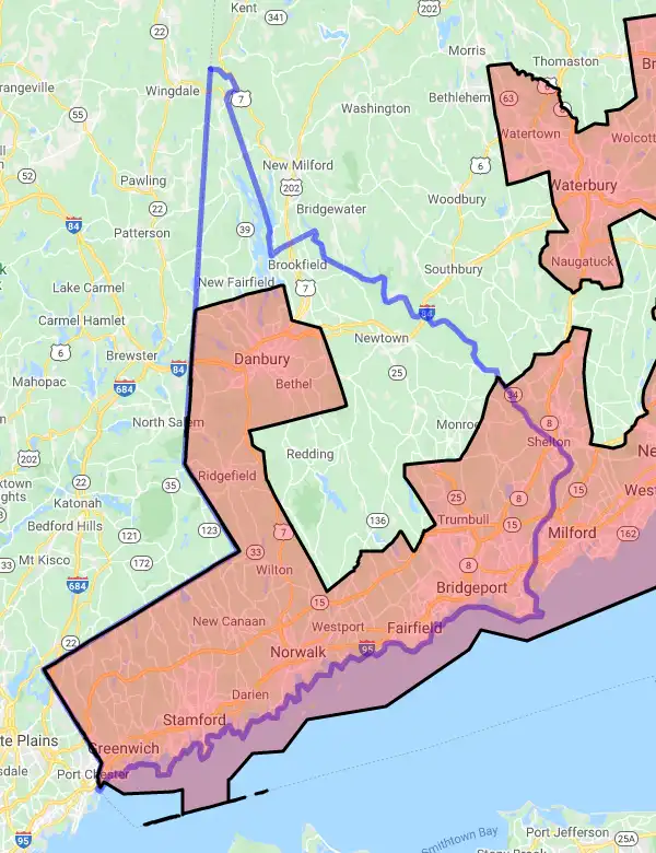 County level USDA loan eligibility boundaries for Fairfield, Connecticut
