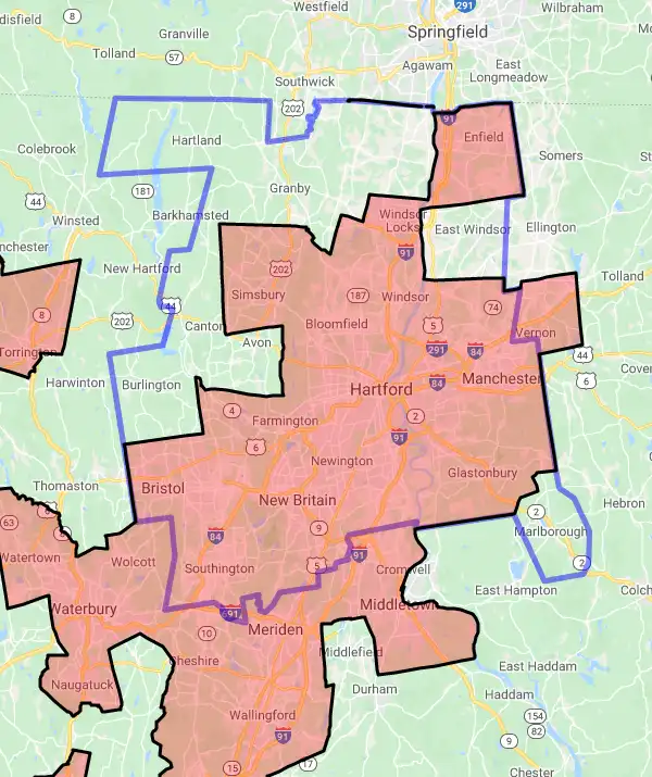 County level USDA loan eligibility boundaries for Hartford, CT
