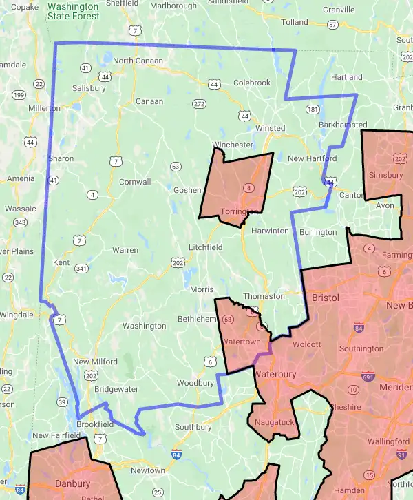 County level USDA loan eligibility boundaries for Litchfield, Connecticut