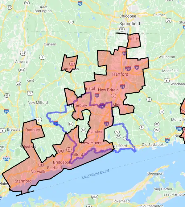 County level USDA loan eligibility boundaries for New Haven, Connecticut