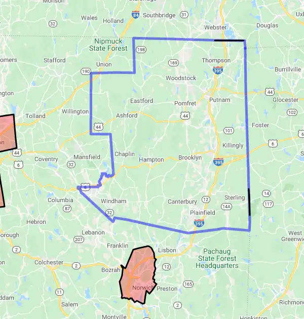 County level USDA loan eligibility boundaries for Windham, Connecticut