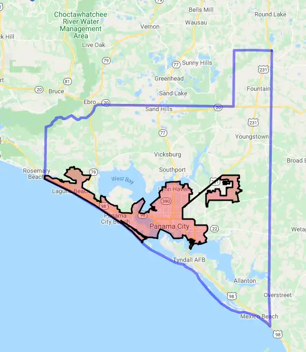 County level USDA loan eligibility boundaries for Bay, FL