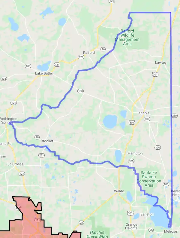 County level USDA loan eligibility boundaries for Bradford, Florida