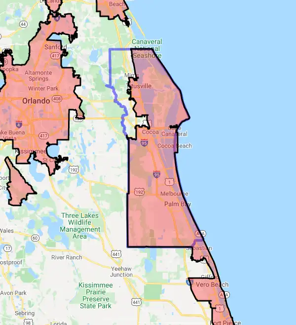 County level USDA loan eligibility boundaries for Brevard, Florida