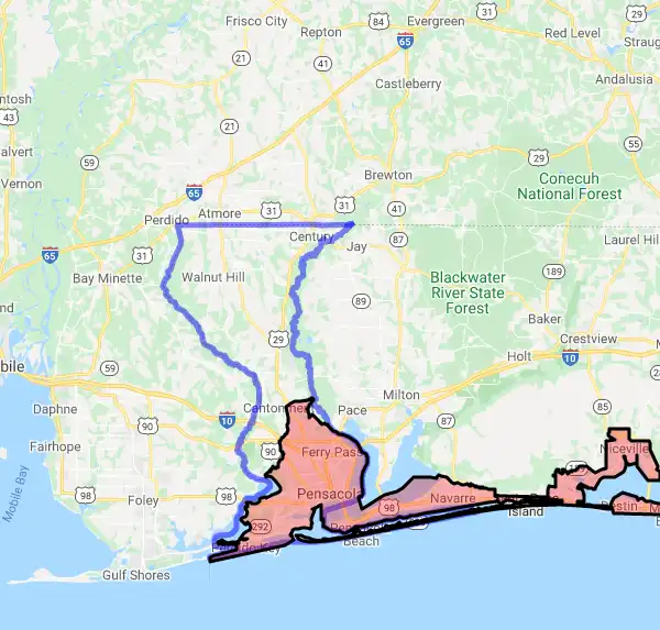 County level USDA loan eligibility boundaries for Escambia, Florida