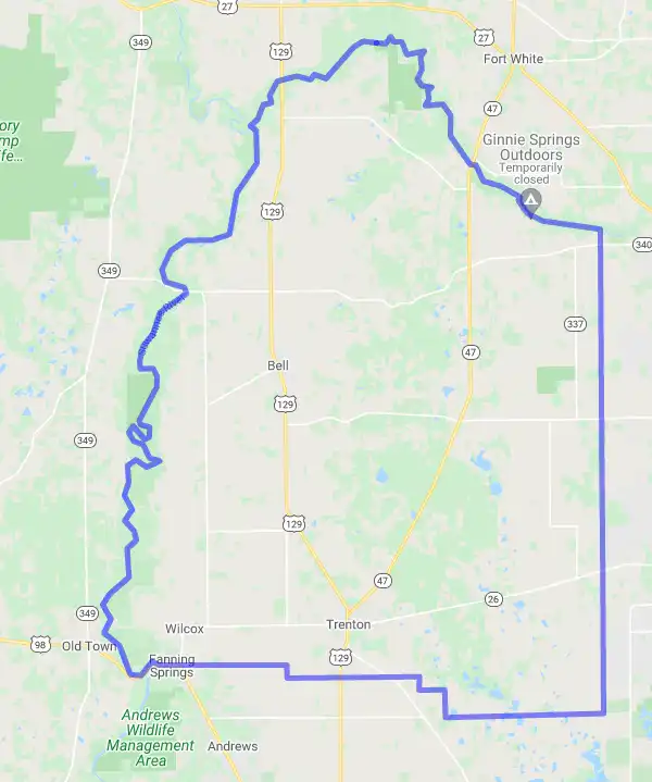 County level USDA loan eligibility boundaries for Gilchrist, Florida
