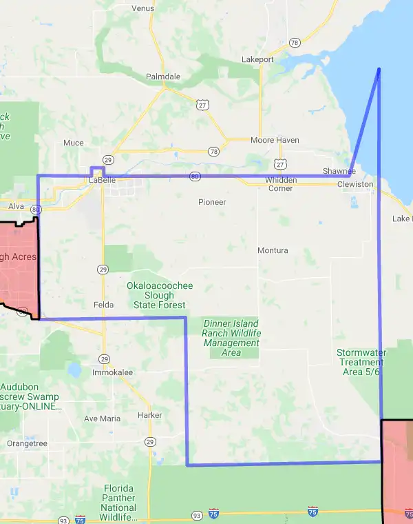 County level USDA loan eligibility boundaries for Hendry, Florida