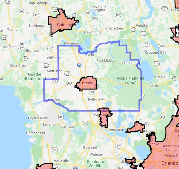 County level USDA loan eligibility boundaries for Marion, Florida