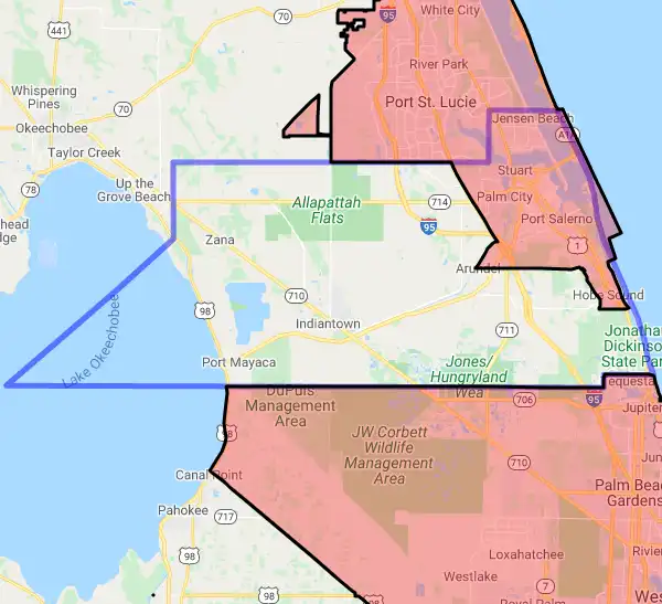 County level USDA loan eligibility boundaries for Martin, Florida