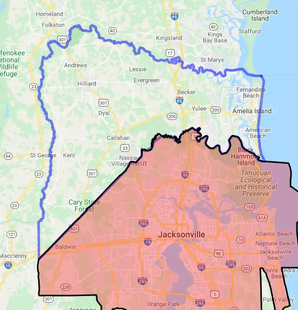 County level USDA loan eligibility boundaries for Nassau, Florida