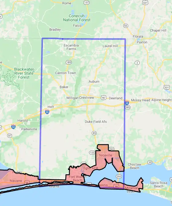 County level USDA loan eligibility boundaries for Okaloosa, FL