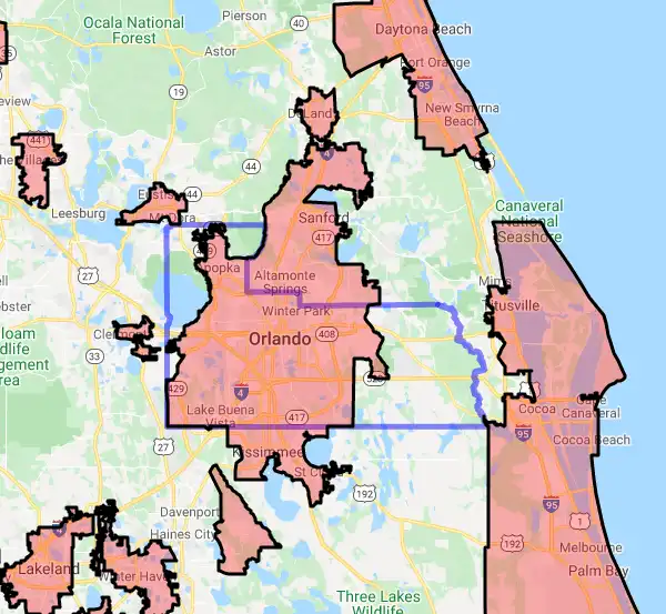 County level USDA loan eligibility boundaries for Orange, Florida