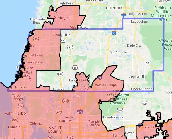 County level USDA loan eligibility boundaries for Pasco, Florida