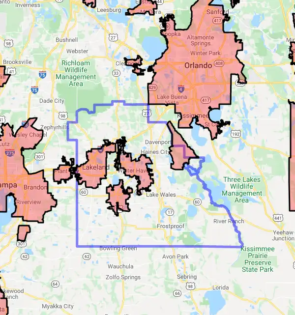 County level USDA loan eligibility boundaries for Polk, Florida