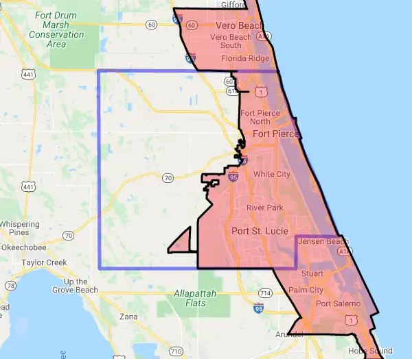 County level USDA loan eligibility boundaries for Saint Lucie, FL