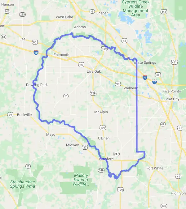 County level USDA loan eligibility boundaries for Suwannee, Florida