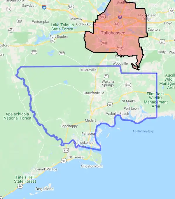 County level USDA loan eligibility boundaries for Wakulla, Florida