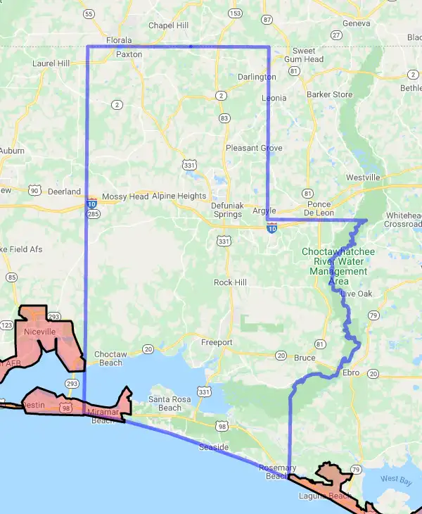 County level USDA loan eligibility boundaries for Walton, Florida