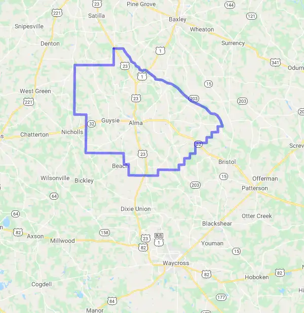 County level USDA loan eligibility boundaries for Bacon, Georgia