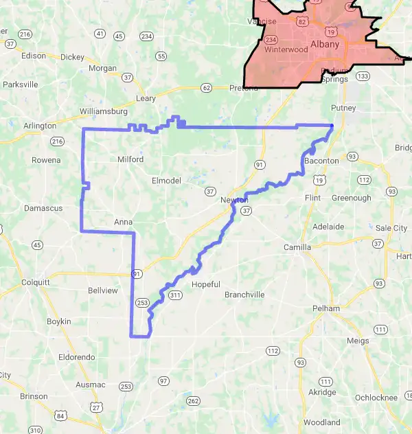 County level USDA loan eligibility boundaries for Baker, Georgia