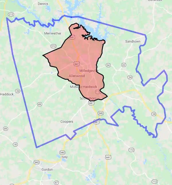 County level USDA loan eligibility boundaries for Baldwin, Georgia