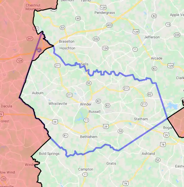 County level USDA loan eligibility boundaries for Barrow, Georgia