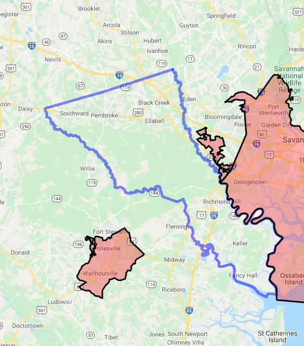 County level USDA loan eligibility boundaries for Bryan, Georgia