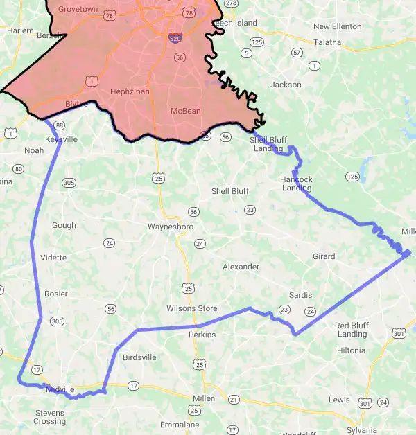 County level USDA loan eligibility boundaries for Burke, Georgia