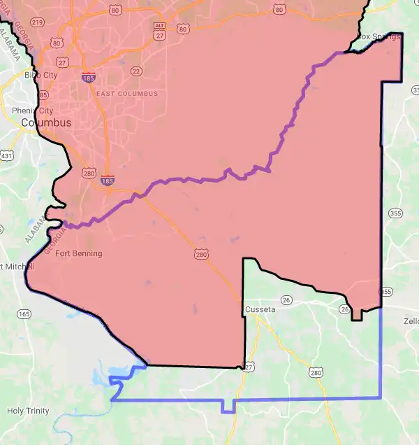 County level USDA loan eligibility boundaries for Chattahoochee, Georgia
