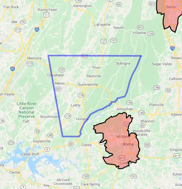 County level USDA loan eligibility boundaries for Chattooga, Georgia