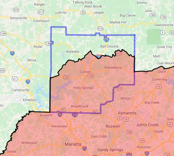 County level USDA loan eligibility boundaries for Cherokee, GA