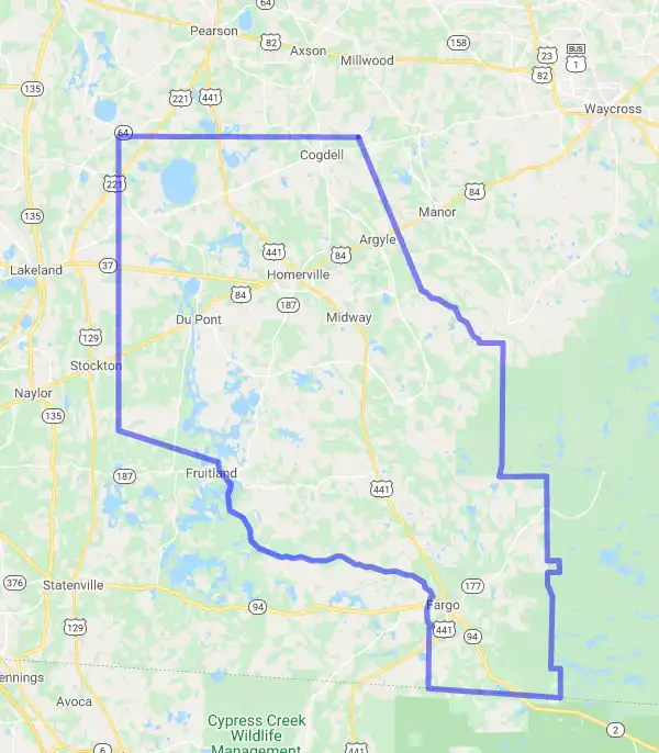 County level USDA loan eligibility boundaries for Clinch, Georgia