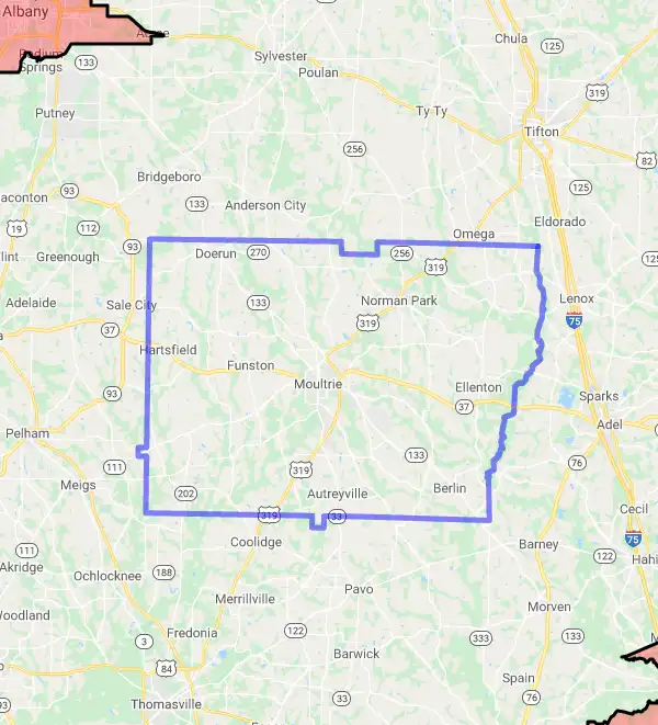 County level USDA loan eligibility boundaries for Colquitt, Georgia