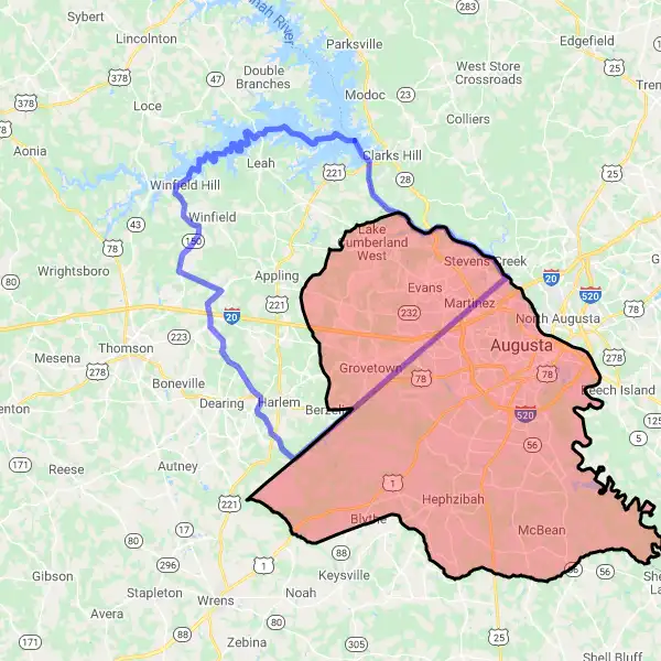 County level USDA loan eligibility boundaries for Columbia, Georgia