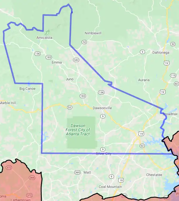 County level USDA loan eligibility boundaries for Dawson, GA