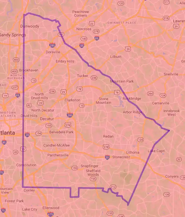 County level USDA loan eligibility boundaries for DeKalb, Georgia