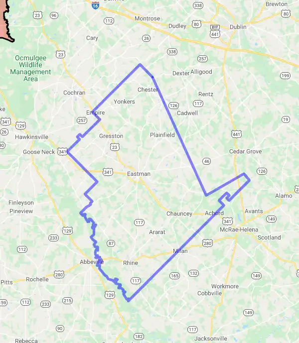 County level USDA loan eligibility boundaries for Dodge, Georgia