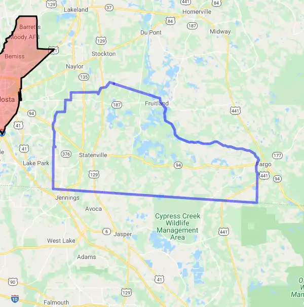 County level USDA loan eligibility boundaries for Echols, Georgia
