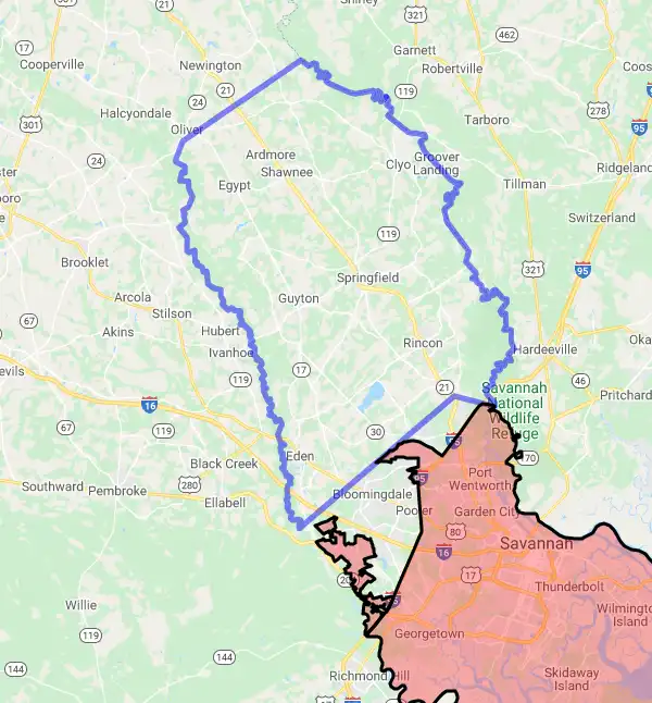 County level USDA loan eligibility boundaries for Effingham, Georgia