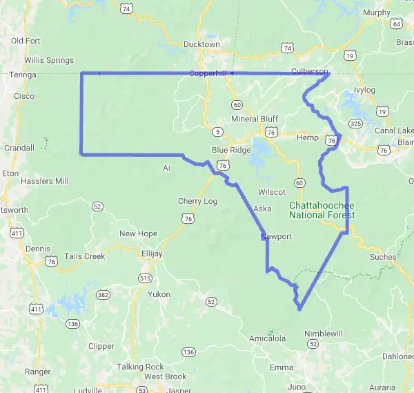 County level USDA loan eligibility boundaries for Fannin, Georgia