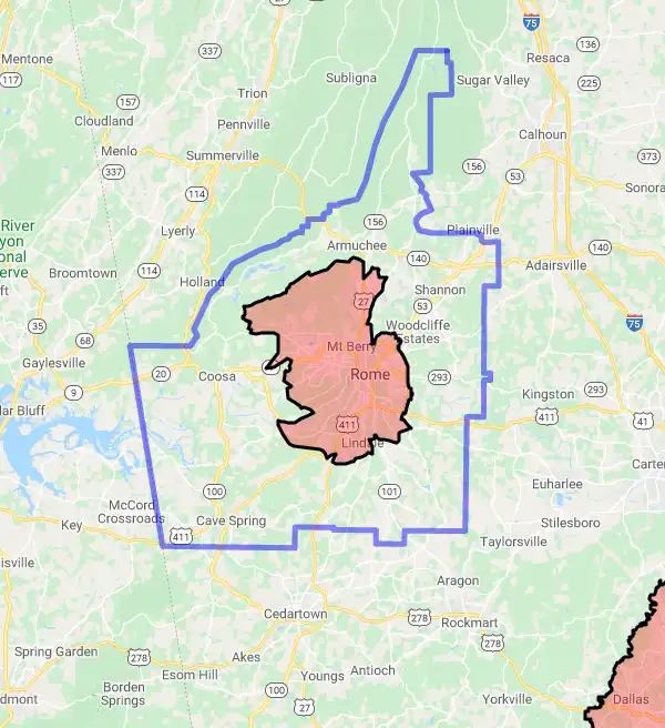 County level USDA loan eligibility boundaries for Floyd, Georgia