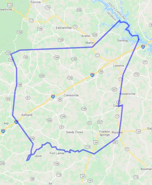 County level USDA loan eligibility boundaries for Franklin, Georgia