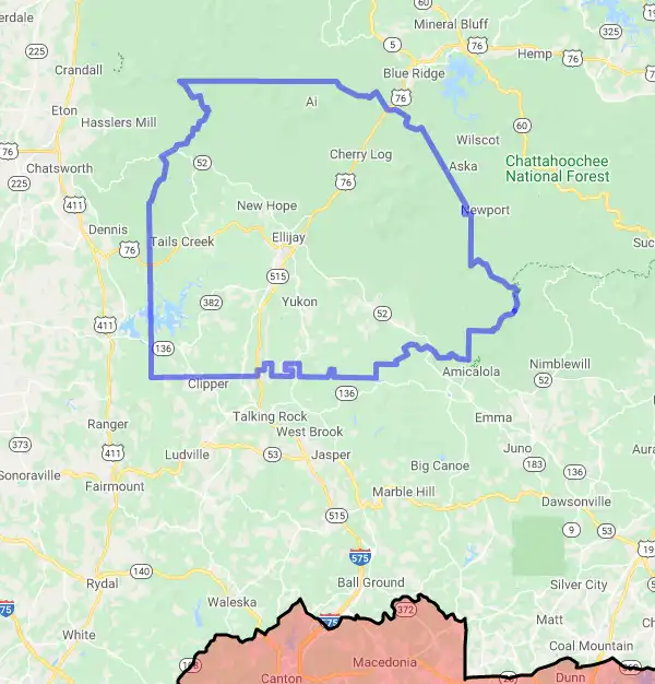 County level USDA loan eligibility boundaries for Gilmer, Georgia