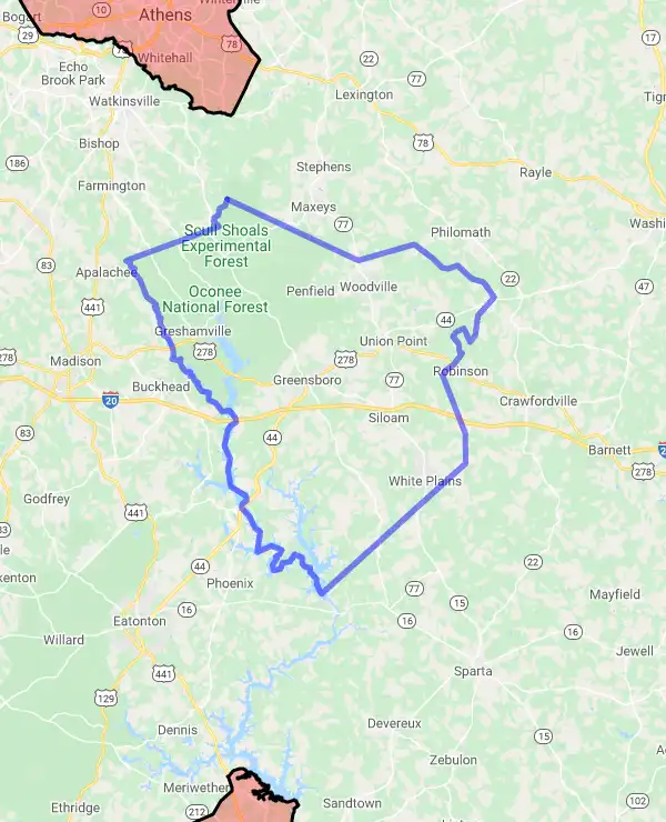 County level USDA loan eligibility boundaries for Greene, Georgia