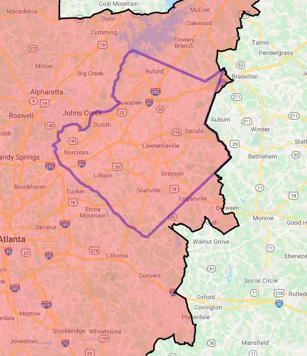 County level USDA loan eligibility boundaries for Gwinnett, Georgia