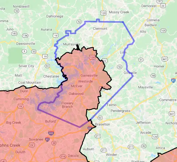 County level USDA loan eligibility boundaries for Hall, Georgia