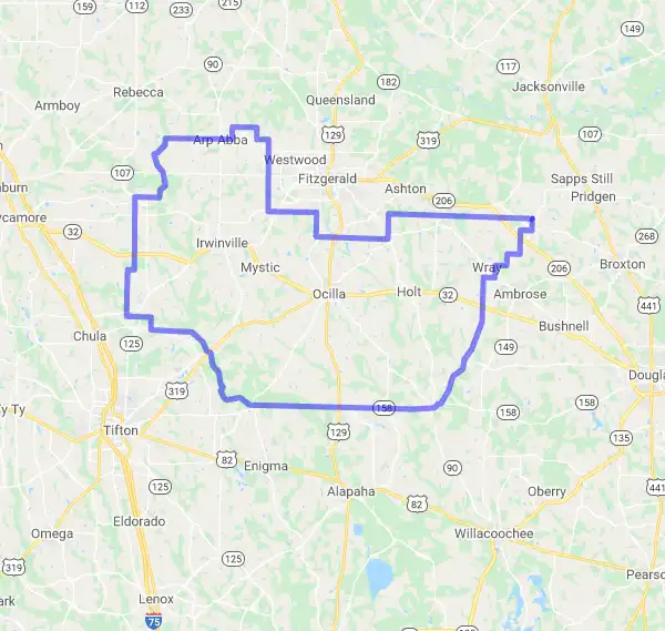 County level USDA loan eligibility boundaries for Irwin, Georgia
